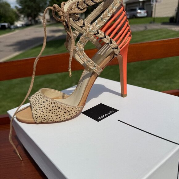 NEW Dolce Vita Hexen Lace Up Calf Hair Leopard Print Stilettos Cage Pumps/Heels - Picture 14 of 14